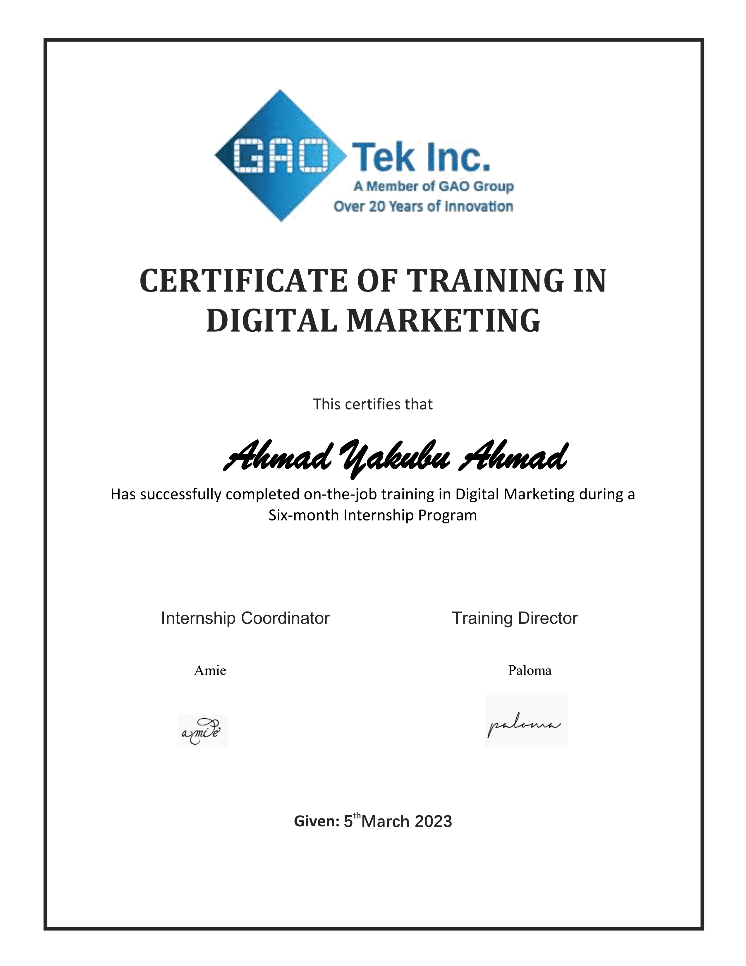 Certificate preview: Training in Digital Marketing