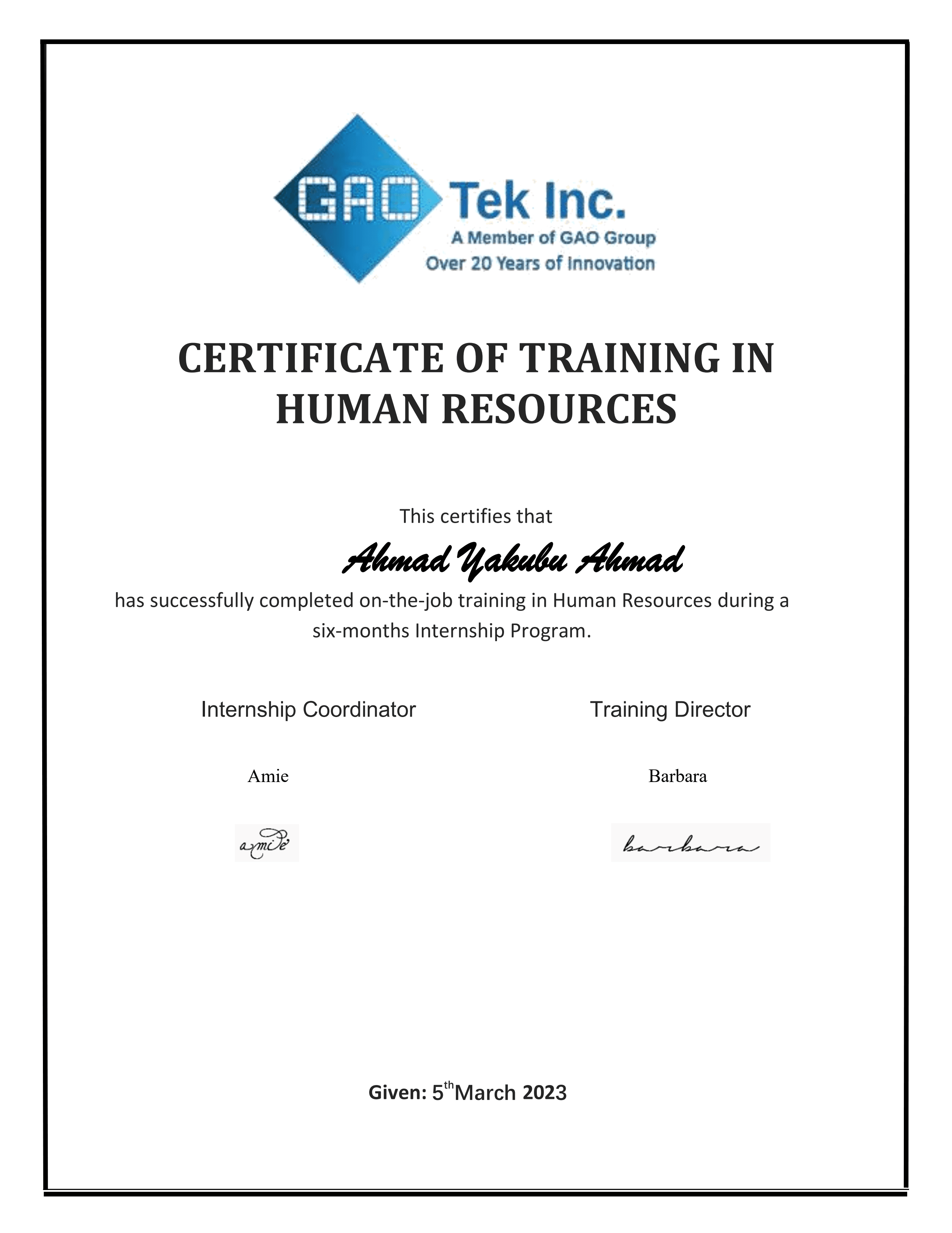 Certificate preview: Training in Human Resources