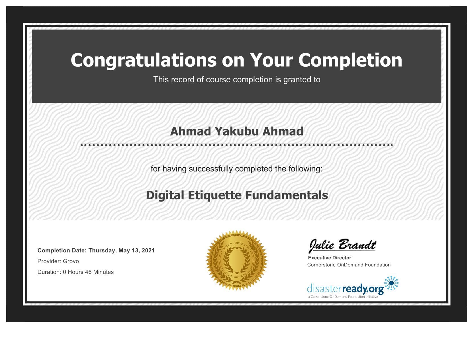 Certificate preview: Digital Etiquette Fundermentals