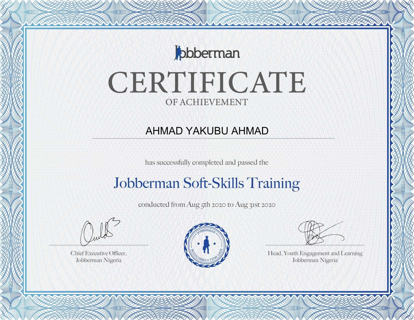 Certificate preview: Jobberman soft skills training