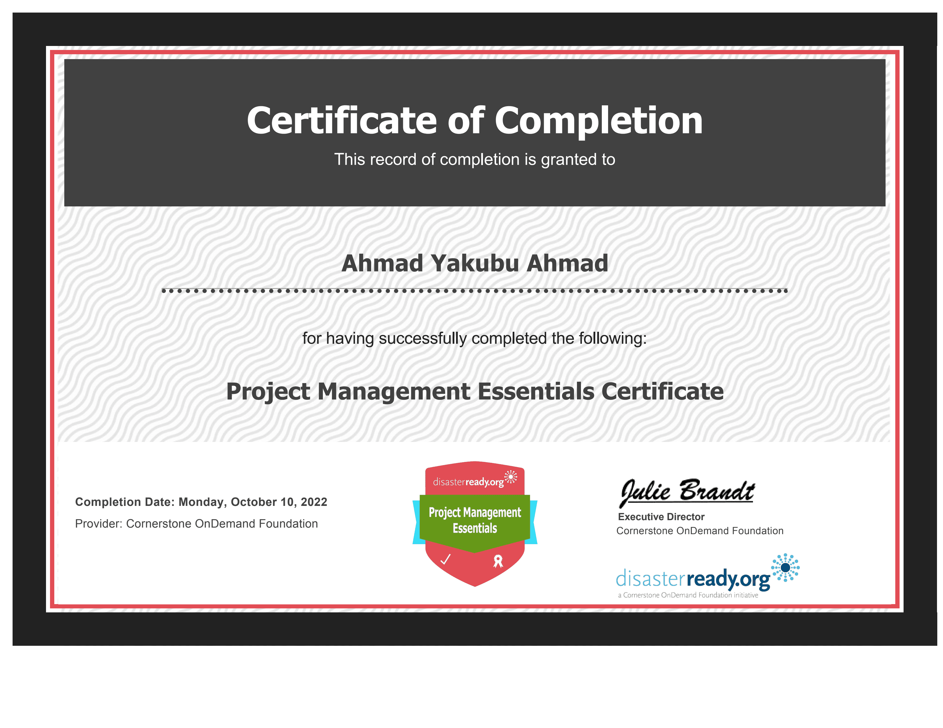 Certificate preview: Project Management Essentials