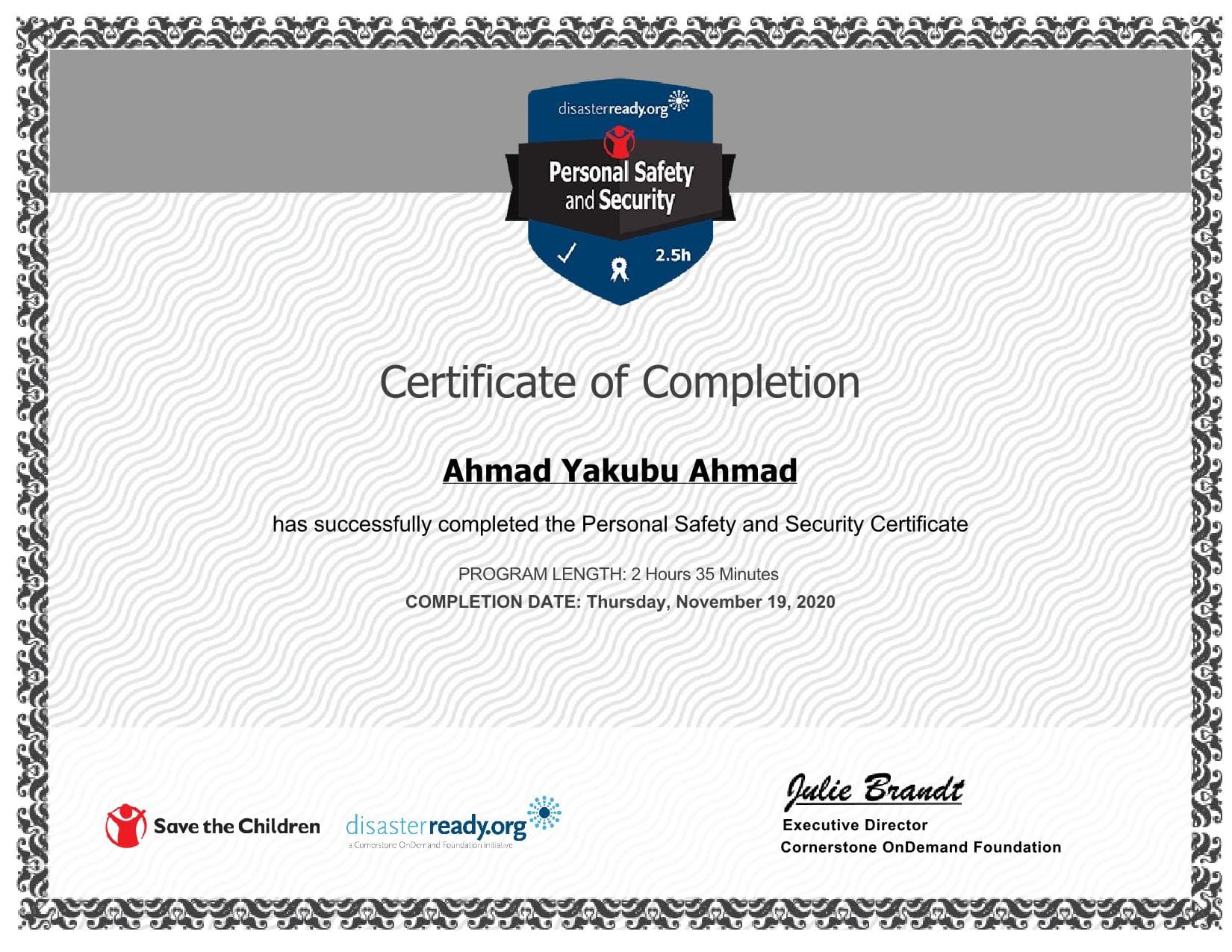 Certificate preview: Personal Safety and Security certificate